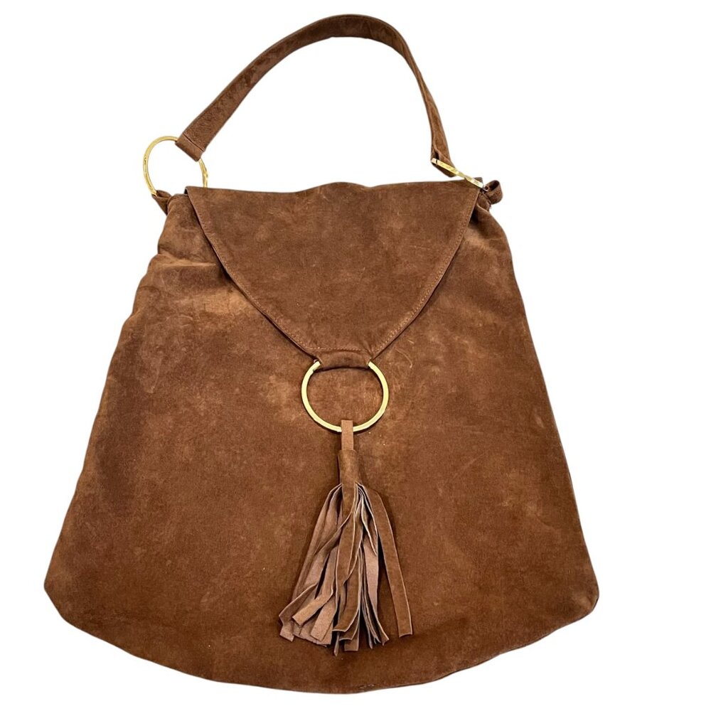 Jasmine Brown Suede Leather Hobo Bag W/ Tassels & Gold Accents